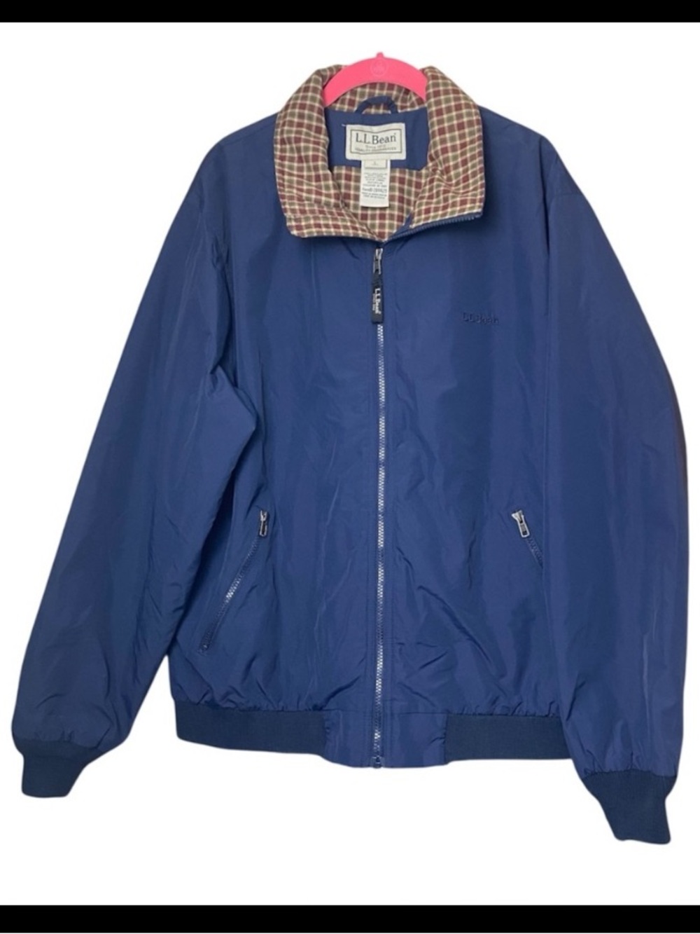 L.L. Bean Warm-Up Bomber Jacket Plaid Lined Navy Blue Mens L Classic Outdoor